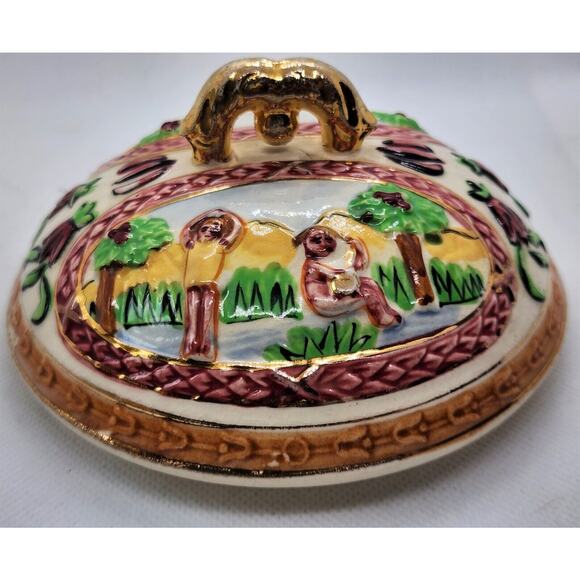 Bowl & Lid-Gold Trim-Japanese Inspired Summer Scenes-3D Embossed-Colorful-Footed - Picture 2 of 16